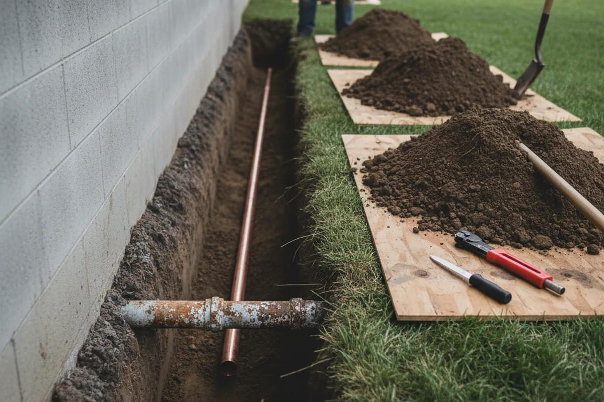 Excavated water line trench during Sewer Line Repair in Pathfork